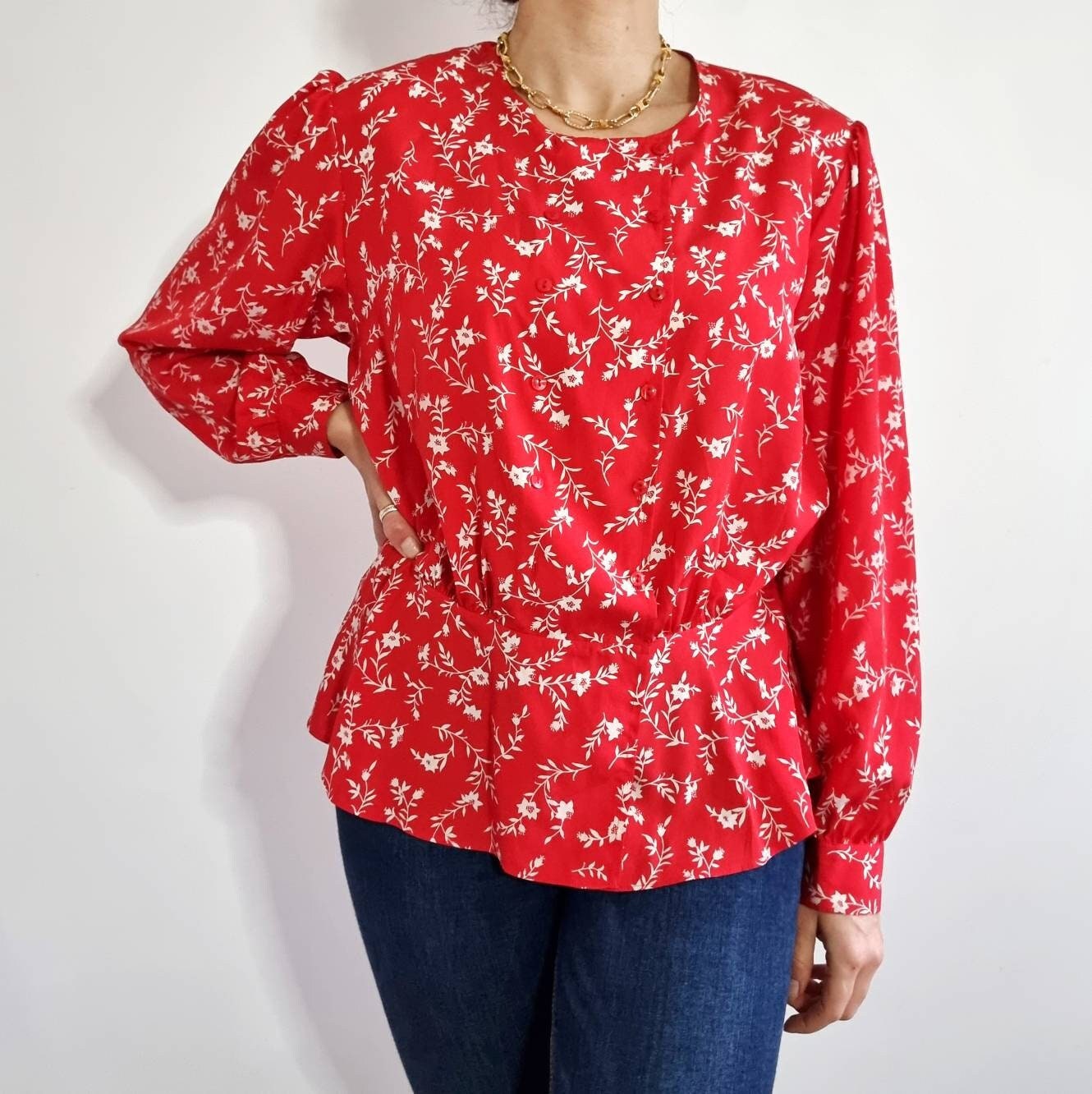 Vintage Rot & Weiß Florale Peplum Bluse/Langarm Damen Shirt Medium von EllieAndBarby