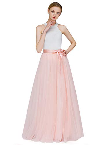 EllieHouse A Line Langer Maxirock Brautjungfer Tüllrock für Hochzeit Abend Party Abschlussball P68, Blush, X-Groß von EllieHouse