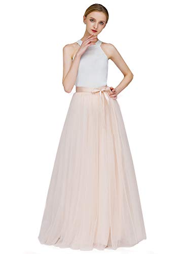 EllieHouse A Line Langer Maxirock Brautjungfer Tüllrock für Hochzeit Abend Party Abschlussball P68, Light Champagne, XX-Large von EllieHouse