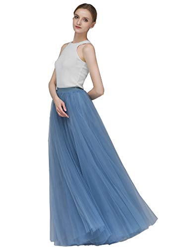 EllieHouse A Line Langer Maxirock Brautjungfer Tüllrock für Hochzeit Abend Party Abschlussball P68, dusty blue, XX-Large von EllieHouse