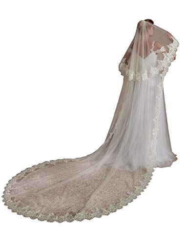 EllieHouse Kathedrale Länge 2 Tier Pailletten Spitze Braut Hochzeit Schleier L70, Elfenbein, 2 T(1st tier 3 M/118inch,2nd tier 80cm/31 inch) von EllieHouse