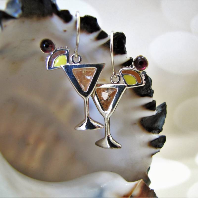 Echtsilber Cocktail-Ohrringe Fruchtige Emaille Ananas & Granat von EllieLanceCreations