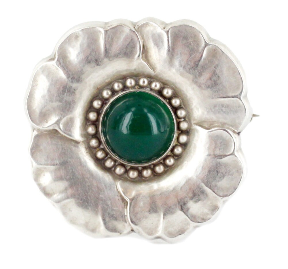 Antike Seltene Georg Jensen Jugendstil Sterling Runde Grüne Achat Mohnblume Pin Brosche/George Gutes Geschenk Für Sie Skandinavisch von EllisAntiques