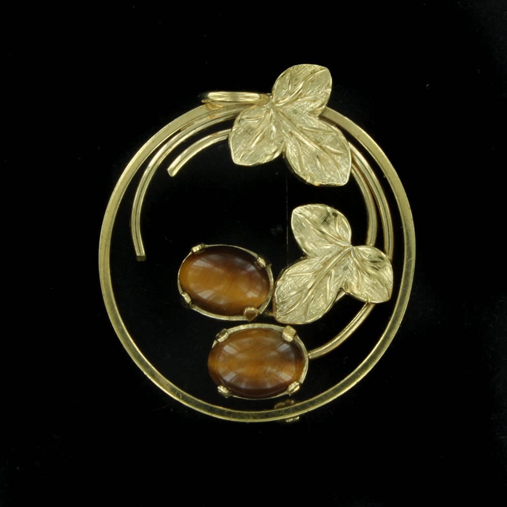Jahrgang 12Kt Gf Gold Gefüllt Blatt Design Tiger Auge Kreis Pin Brosche Vertiefungen von EllisAntiques
