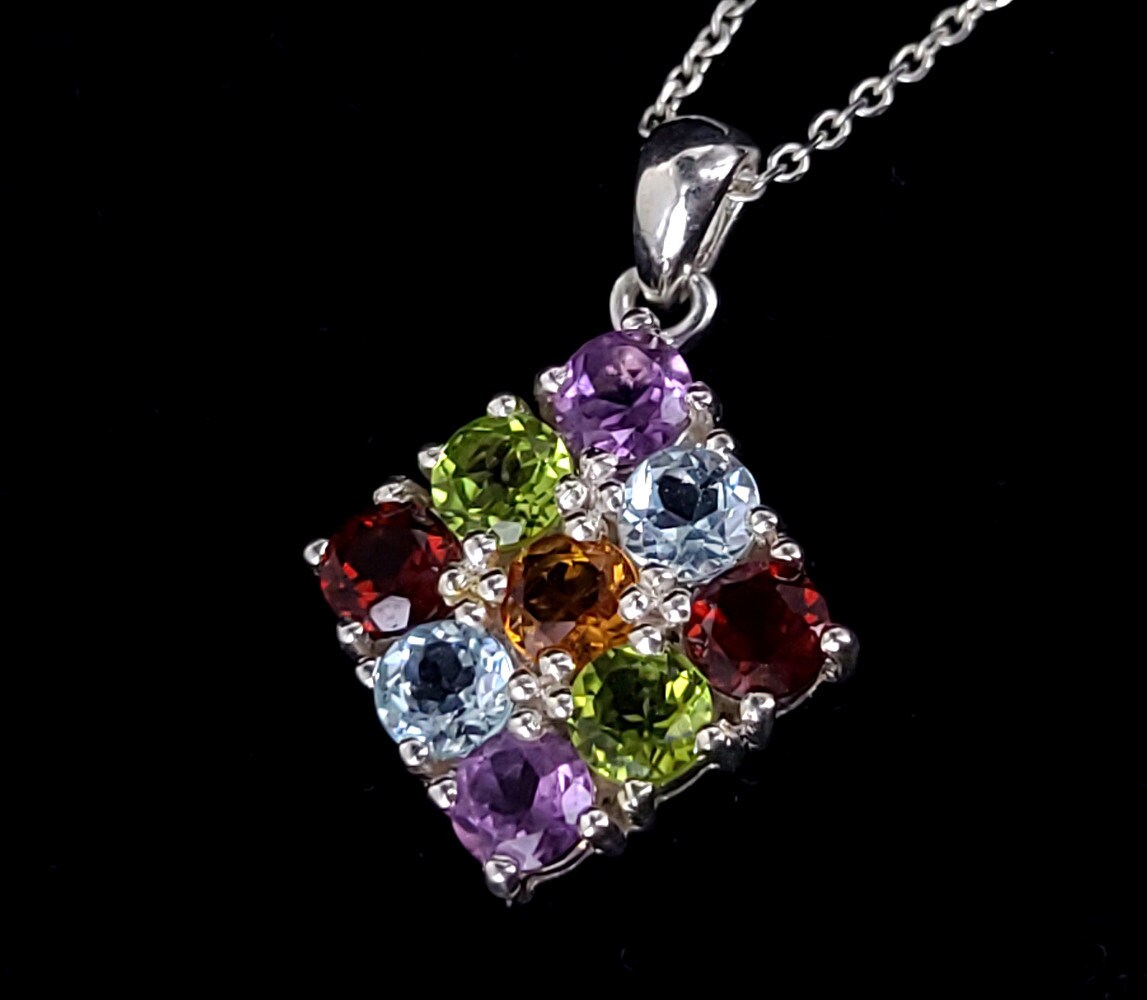 Vintage Sterling Silber Citrin Granat Topas Peridot Amethyst Edelstein Quadrat Anhänger Halskette 18 Zoll/Multi Schmuck Geschenke Für Sie von EllisAntiques