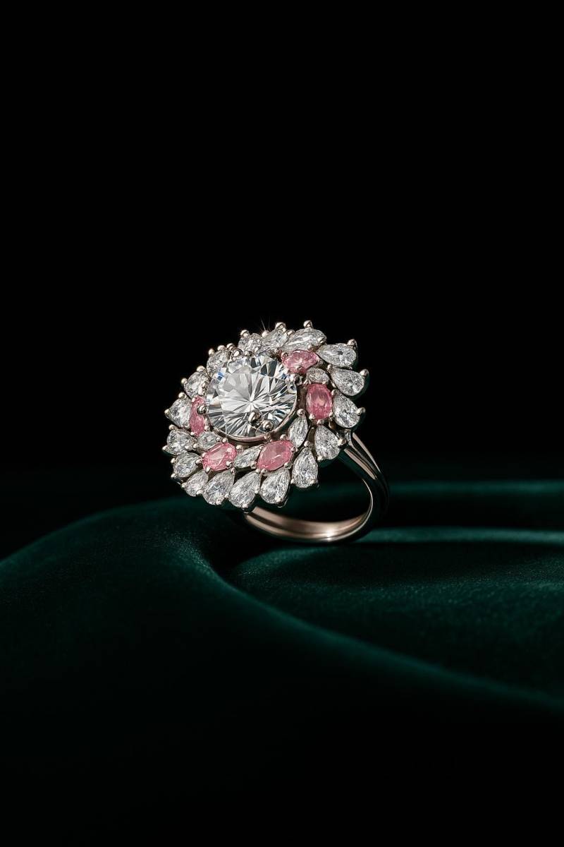 Adjustable Floral Halo Ring in Pink & White Stones - Sterling Silver Cocktail von Ellociel