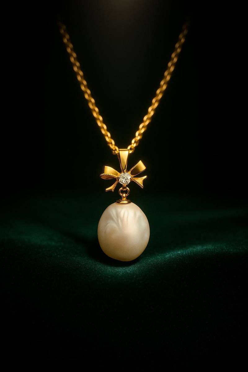 Bow & Baroque Pearl Necklace - 18K Gold-Plated Pendant With Cz Accent, Elegant Gift For Her By Ellociel von Ellociel