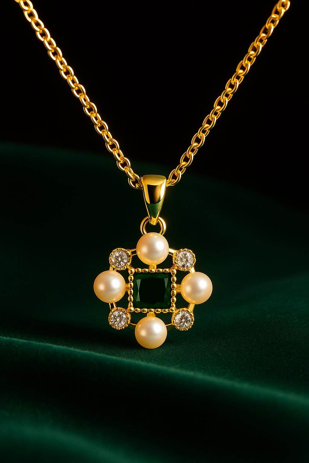 Emerald Pearl Pendant Necklace - 18K Gold-Plated Square Charm With Faux Pearls & Cz Crystals, Regal Jewelry Gift For Her By Ellociel von Ellociel