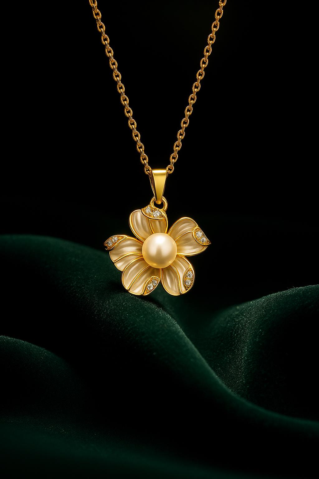 Floral Pearl Pendant Necklace - 18K Gold-Plated Flower With Cz Accents, Elegant Nature-Inspired Jewelry By Ellociel von Ellociel