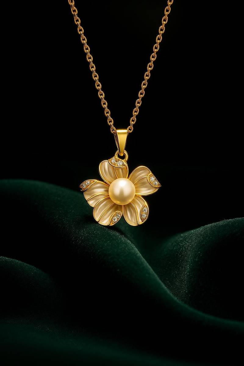 Floral Pearl Pendant Necklace - 18K Gold-Plated Flower With Cz Accents, Elegant Nature-Inspired Jewelry By Ellociel von Ellociel