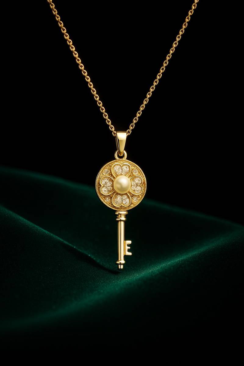 Golden Key Pendant Necklace - 18K Gold-Plated Rope Chain With Baroque Pearl, Minimalist Pearl & Crystal Flower Charm Gift By Ellociel von Ellociel