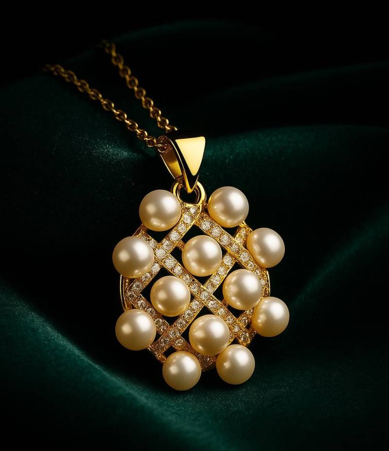 Pearl Lattice Statement Necklace - 18K Gold-Plated Rope Chain With Baroque Pearl, Minimalist Vintage-Inspired Gold Pendant By Ellociel von Ellociel
