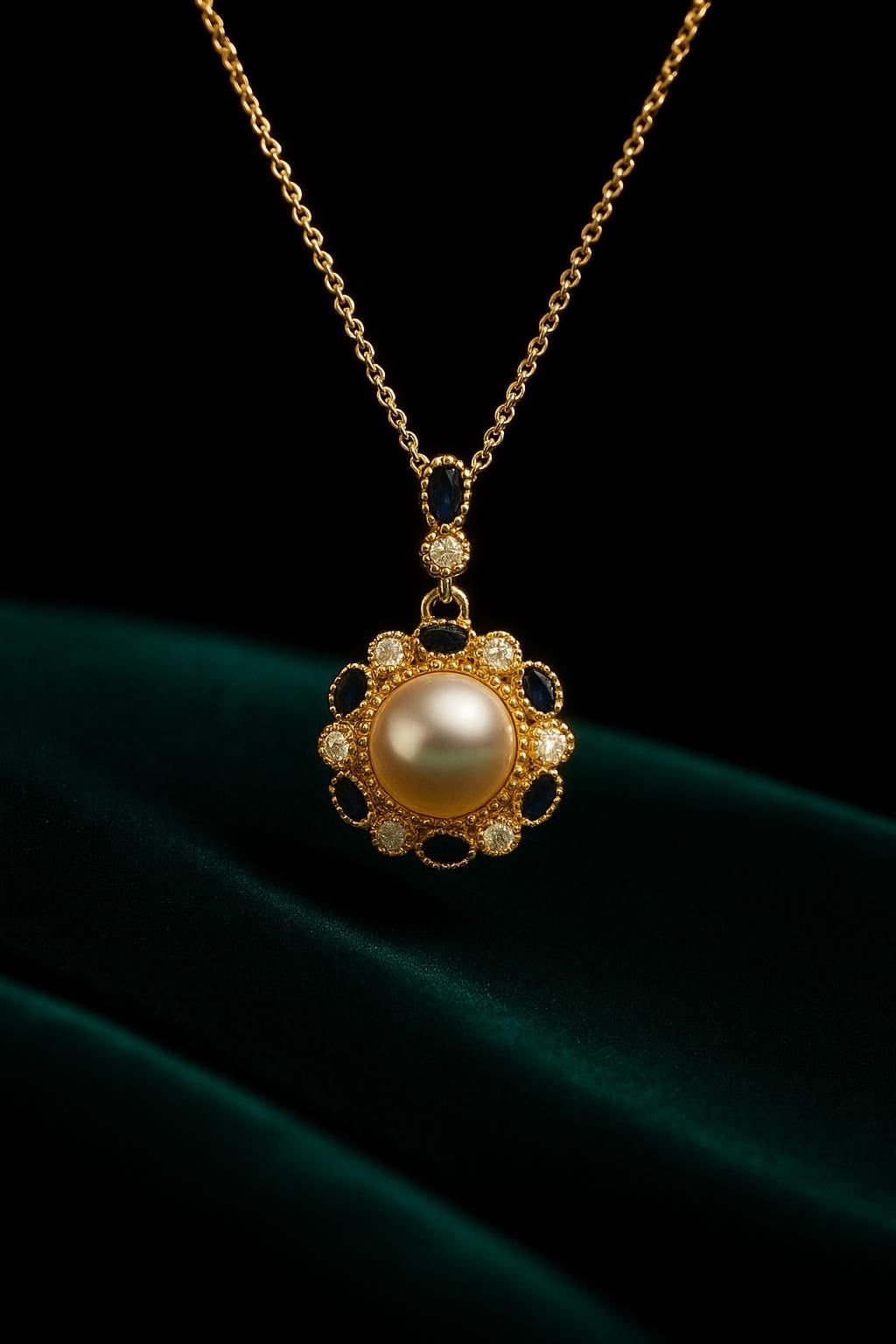 Pearl & Sapphire Blue Medallion Necklace - 18K Gold-Plated Vintage-Inspired Pendant With Cz Accents, Elegant Gift For Her By Ellociel von Ellociel