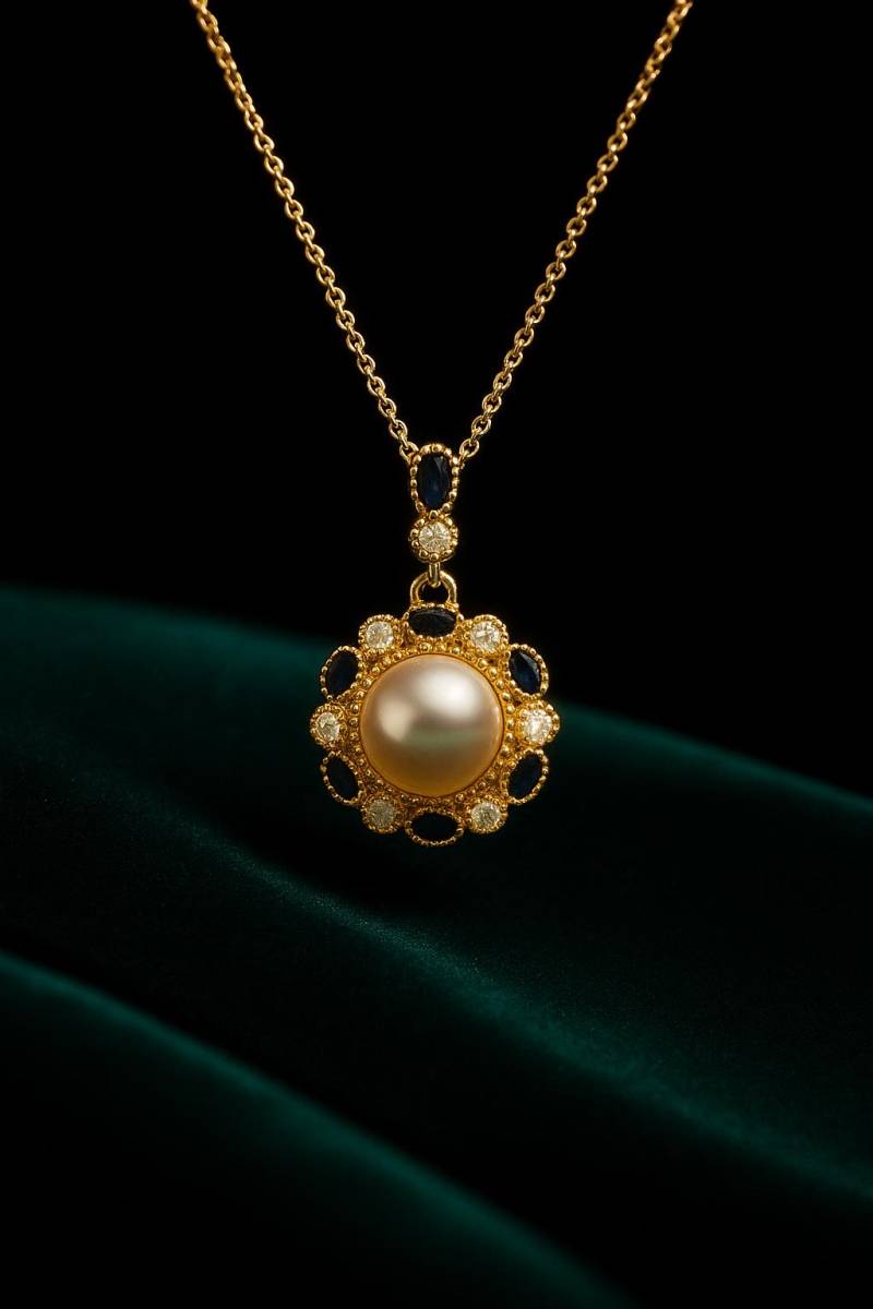 Pearl & Sapphire Blue Medallion Necklace - 18K Gold-Plated Vintage-Inspired Pendant With Cz Accents, Elegant Gift For Her By Ellociel von Ellociel