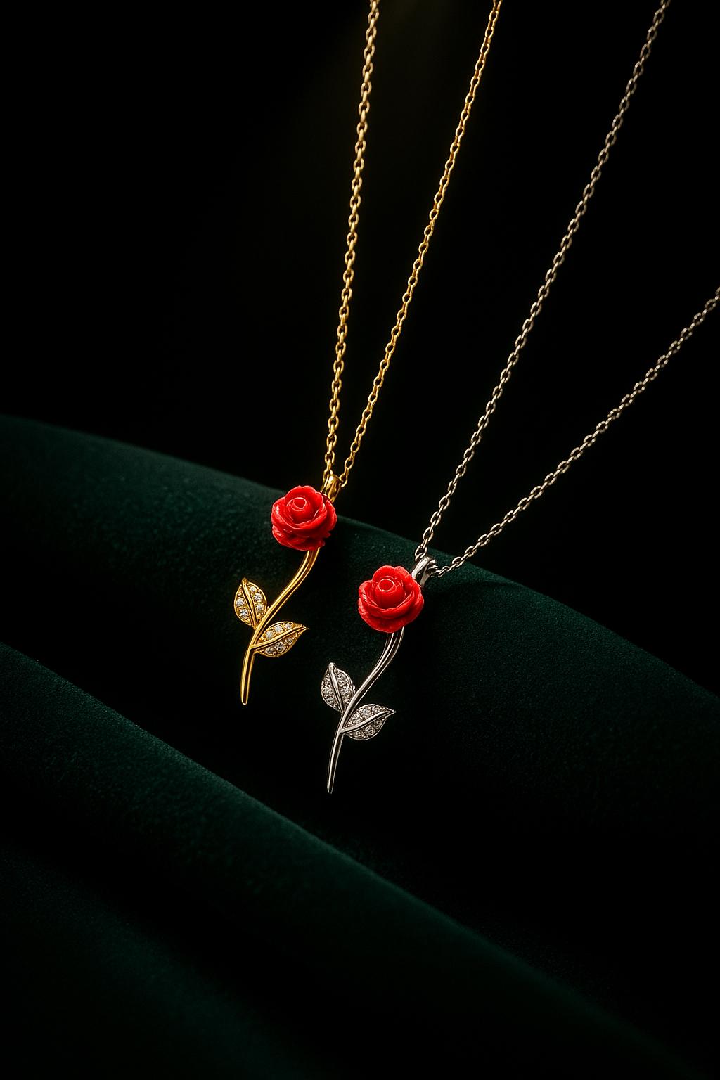Red Rose Necklace - 18K Gold-Plated Pendant With Cz Leaf Accents, Romantic Floral Jewelry Gift For Her By Ellociel von Ellociel