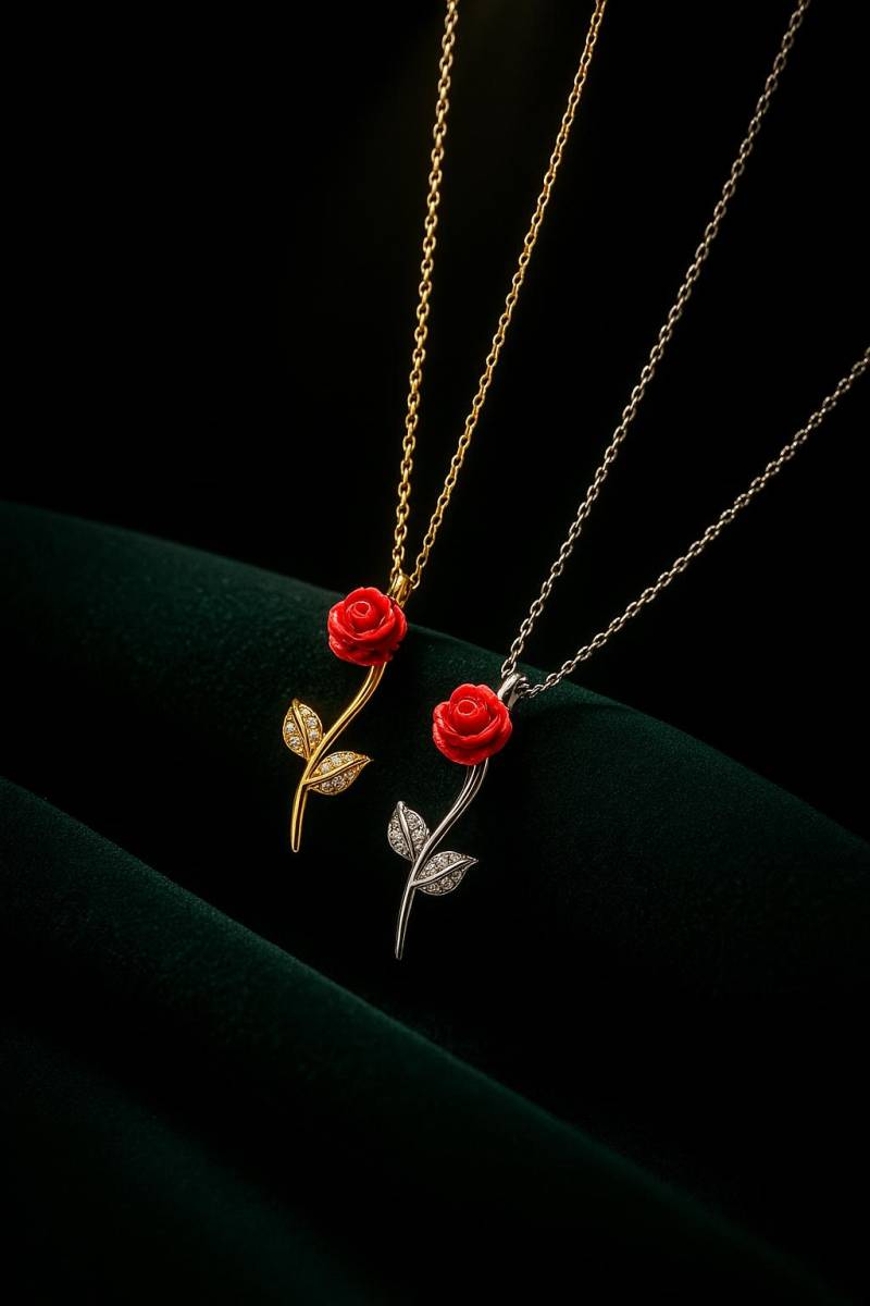 Red Rose Necklace - 18K Gold-Plated Pendant With Cz Leaf Accents, Romantic Floral Jewelry Gift For Her By Ellociel von Ellociel