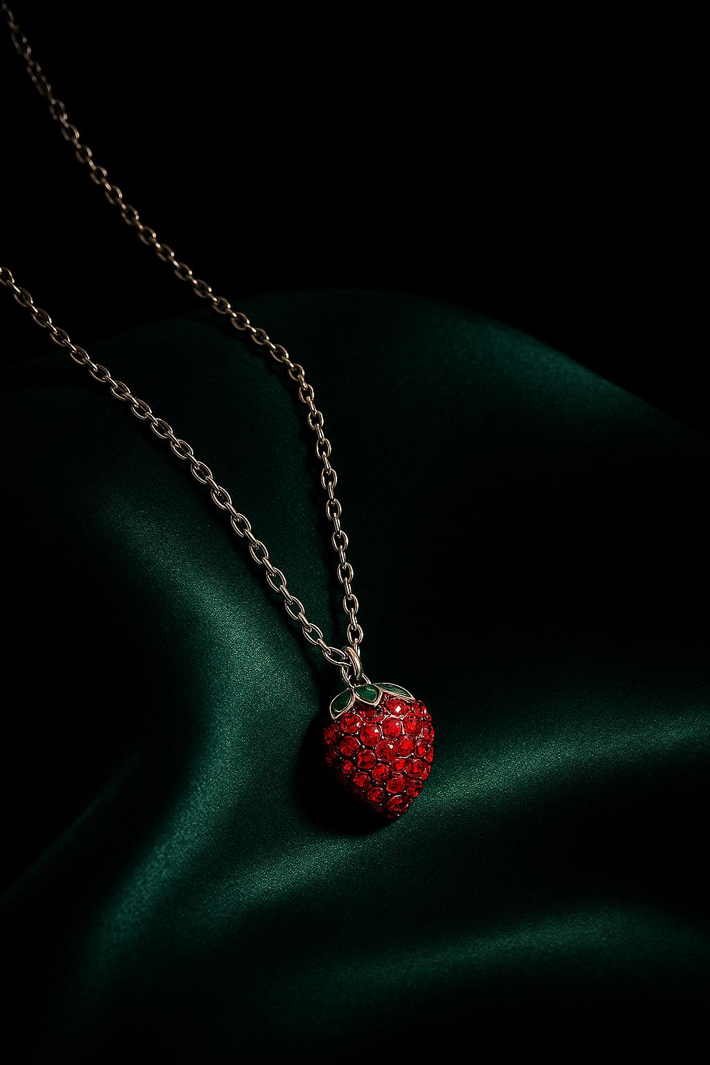 strawberry Pendant Necklace - Red Crystal Fruit Charm On Gold Chain, Playful Luxe Jewelry Gift By Ellociel von Ellociel