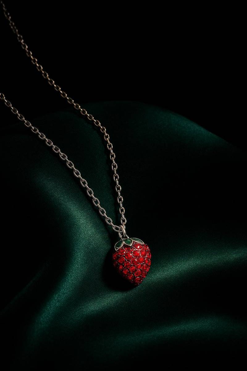 strawberry Pendant Necklace - Red Crystal Fruit Charm On Gold Chain, Playful Luxe Jewelry Gift By Ellociel von Ellociel
