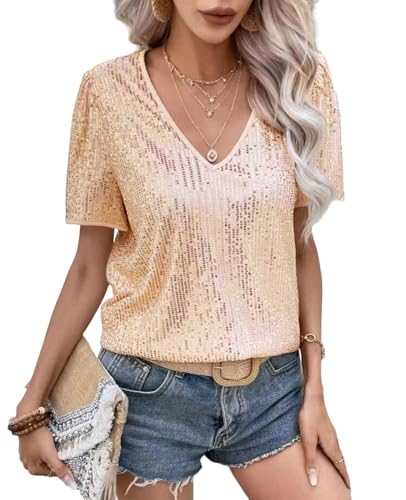 Ellunis Damen Pailletten Glitzer Tops Kurzarm V-Ausschnitt Shirt Bluse Party Cocktail Oberteile Club Night Outfits von Ellunis