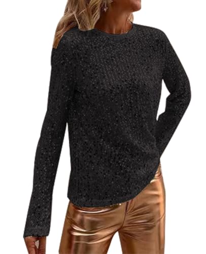 Ellunis Damen Pailletten Glitzer Tops Langarm Rundhalsausschnitt Shirt Bluse Party Cocktail Oberteile Club Night Outfits von Ellunis