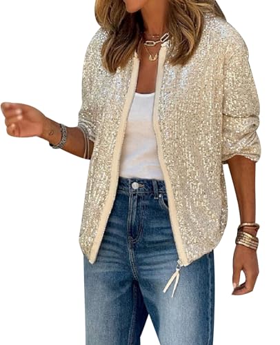 Ellunis Damen Pailletten Jacke Langarm Reißverschluss Schimmer Rundhalsausschnitt Blazer Cocktail Party Mantel Glitzer Bomberjacke von Ellunis