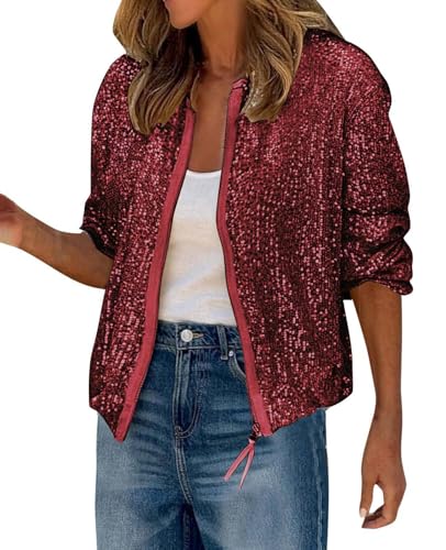 Ellunis Damen Pailletten Jacke Langarm Reißverschluss Schimmer Rundhalsausschnitt Blazer Cocktail Party Mantel Glitzer Bomberjacke von Ellunis