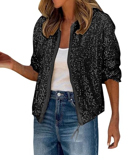 Ellunis Damen Pailletten Jacke Langarm Reißverschluss Schimmer Rundhalsausschnitt Blazer Cocktail Party Mantel Glitzer Bomberjacke von Ellunis