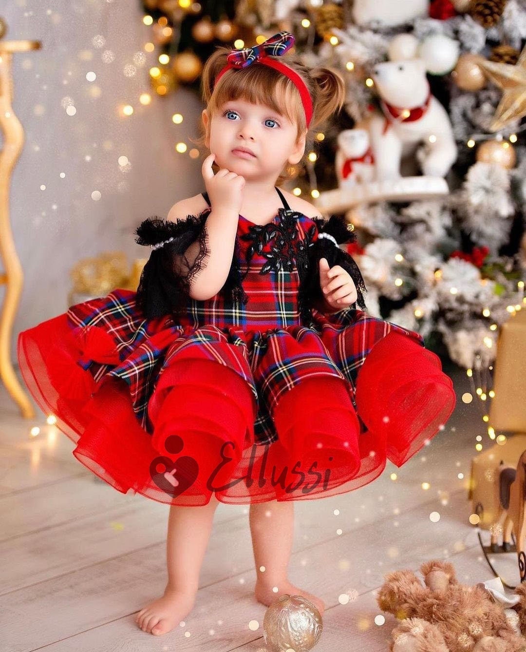 Mädchen Baby Weihnachten Rot Kariertes Puffy Kleid von Ellussi