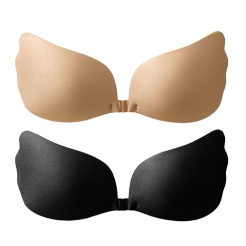Ellxen 2 Stück Klebe Push Up BH,Wiederverwendbare Unsichtbar Silikon Rückenfreier BH, Haut Freundlich Selbstklebend BH,Geeignet für Jede Gelegenheit und Outfit(schwarz,hautfarben,C Körbchen) von Ellxen