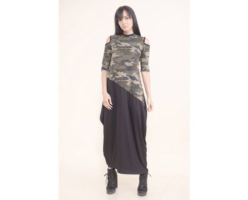 Langes Baggy Kleid Mit Camouflage Print Von Den Schultern/Halbärmeliges Bodenlanges Bubble Boho Lässiges von ElmairaShopping