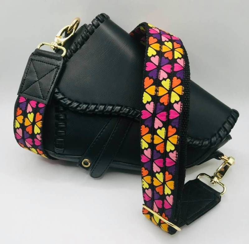 Schultergurt Taschengurt Wechselgurt Herzmuster Herz Bunt 40 Mm Breit Verstellbar, Hochwertigen Goldenen Karabiner, Lederapplikation von ElmiraBerlin