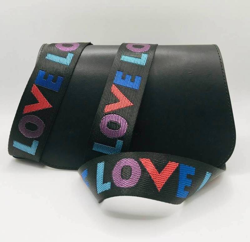 Schultergurt Taschengurt Wechselgurt Silber Love Schwarz Bunt 38 Mm Breit Verstellbar , Hochwertigen Silbernen Karabiner, Lederapplikation von ElmiraBerlin