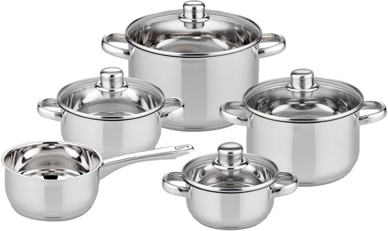 Elo Basic Topf-Set "Galactica" Set, je 1 x Kochtopf mit Deckel Ø 14/16/20/24 cm, 1 Stielkasserolle Ø 16 cm, 9 Stk. tlg. Edelstahl 201 von Elo Basic
