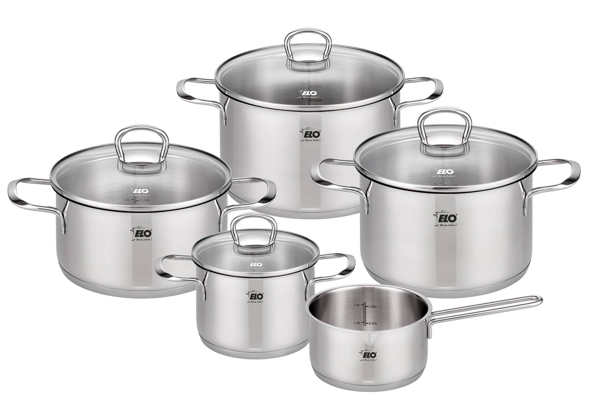 Elo Topf-Set "Jaspis" Edelstahl 18/8 Set, Bratentopf Ø 16/20cm, Fleischtopf Ø 24cm, Kasserolle Ø 16cm, Milchtopf, 8 Stk. tlg. Induktion von Elo