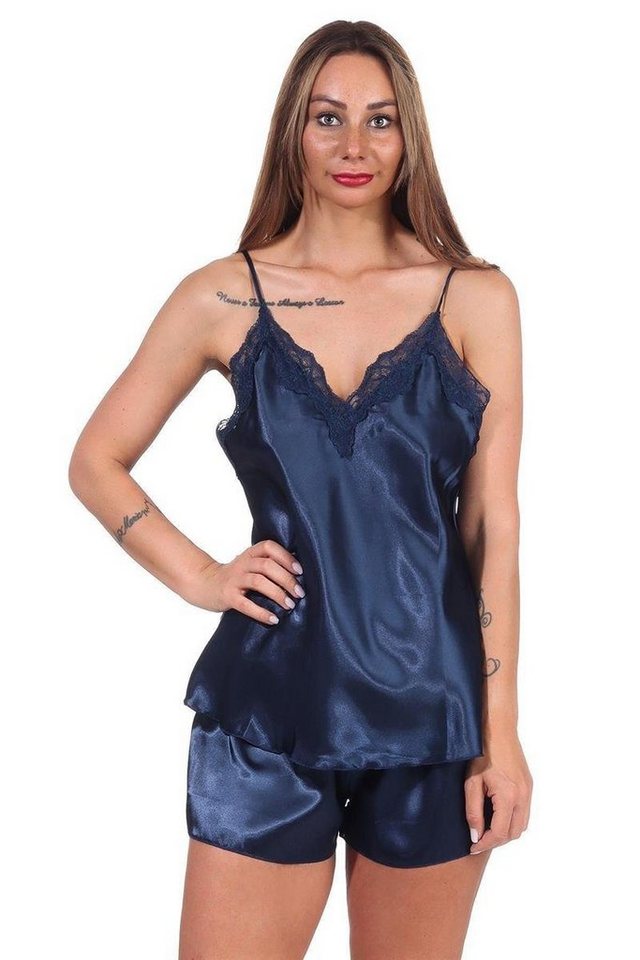 EloModa Capri-Pyjama Damen Satin Nachtwäsche Pyjama Set Shorty mit Spitze, S M L XL 2XL (2 tlg) Satin von EloModa