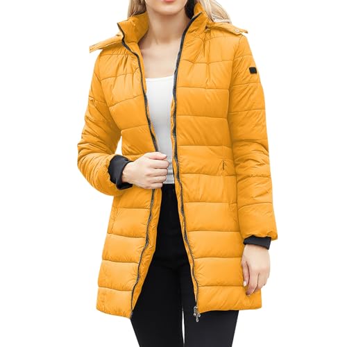 Elogoog Damen Jacke Steppjacke Übergangsjacke mit Kapuze Mantel Daunenjacke Winterjacke Warme Jacke Warm Steppmantel Outdoorjacke Outdoor Leichte Daunenjacke Softshelljacke mit Taschen（Gelb,4XL） von Elogoog