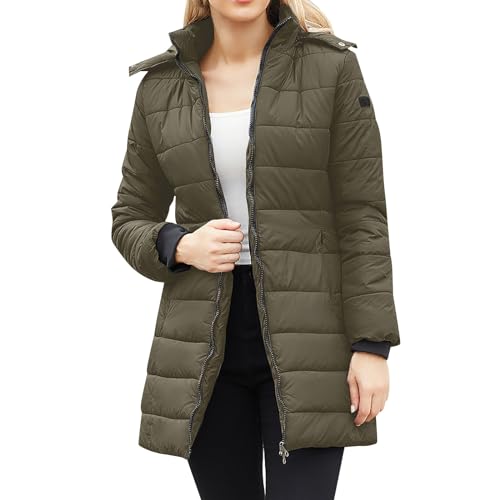 Elogoog Damen Jacke Steppjacke Übergangsjacke mit Kapuze Mantel Daunenjacke Winterjacke Warme Jacke Warm Steppmantel Outdoorjacke Outdoor Leichte Daunenjacke Softshelljacke mit Taschen（Grün,M） von Elogoog