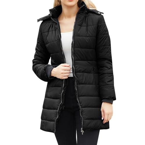 Elogoog Damen Jacke Steppjacke Übergangsjacke mit Kapuze Mantel Daunenjacke Winterjacke Warme Jacke Warm Steppmantel Outdoorjacke Outdoor Leichte Daunenjacke Softshelljacke mit Taschen（Schwarz,S） von Elogoog