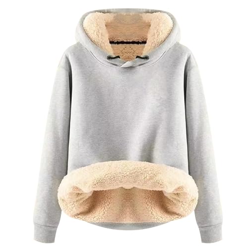 Elogoog Damen Pullover Hoodie Dickes Schwergewicht Sherpa gefüttert Känguru Tasche Winter Winddicht Warm Fleece Sweatshirt Einfarbig Hoodie Sweatshirt Teddy Fleece Kapuzenpullover（a-Grey,5XL） von Elogoog