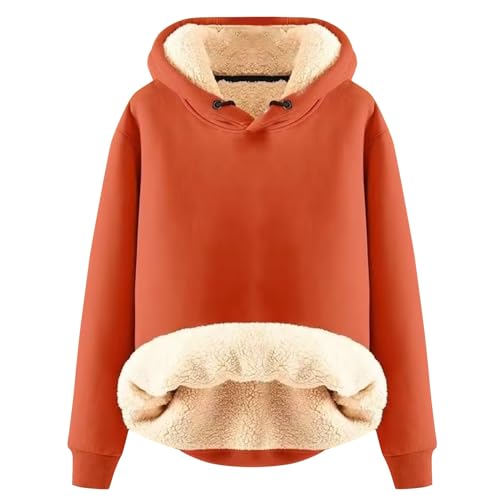 Elogoog Damen Pullover Hoodie Dickes Schwergewicht Sherpa gefüttert Känguru Tasche Winter Winddicht Warm Fleece Sweatshirt Einfarbig Hoodie Sweatshirt Teddy Fleece Kapuzenpullover（a-Orange,5XL） von Elogoog