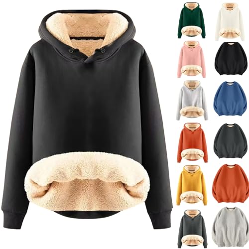 Elogoog Damen Pullover Hoodie Dickes Schwergewicht Sherpa gefüttert Känguru Tasche Winter Winddicht Warm Fleece Sweatshirt Einfarbig Hoodie Sweatshirt Teddy Fleece Kapuzenpullover（a-Schwarz,XL） von Elogoog