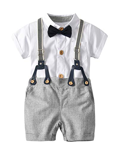 Elonglin Baby Jungen Anzug 3 Stücke Set Gentleman Kleidung Sets Bodys mit Shorts Hosenträger mit Bowtie Weiß Strampler+Grau Shorts+hosenträger+Fliege 90cm(12-18 M) von Elonglin