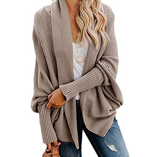 Elonglin Damen Asymmetrie Strick Cardigan Strickjacke Cape Umhang Lässige Unifarben Khaki M von Elonglin