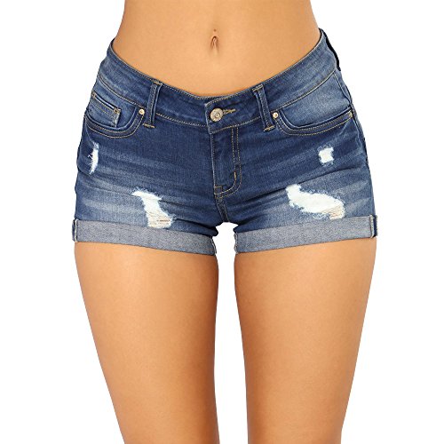 Elonglin Damen Basic Jeansshorts Kurze Hose Jeans Sommer Hot Pants Denim Shorts Loch Slim Fit Dunkel Blaue L von Elonglin