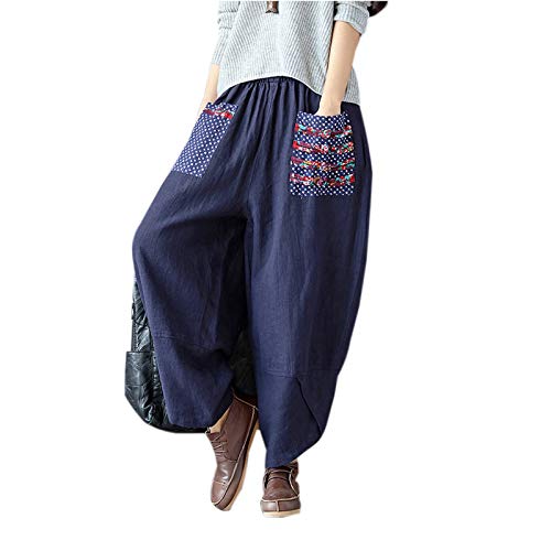 Elonglin Damen Baumwolle Leinen Baggy Hose Haremshose mit ethnischen Windnähten Taschen Palazzo Wide Leg Pants Gr. Medium, dunkelblau Elonglin Damen Baumwolle Leinen Baggy Hose Haremshose mit ethnischen Windnähten Taschen Palazzo Wide Leg Pants Gr. Medium, dunkelblau von Elonglin