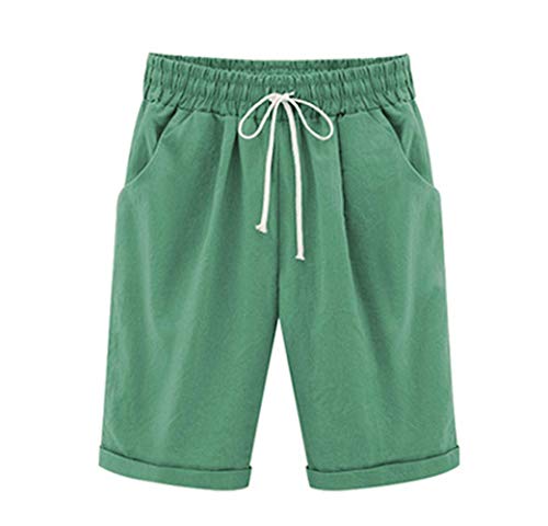 Elonglin Damen Bermuda Shorts Baumwolle Knielang Sommer Kurze Hose mit Tunnelzug Frauen Große Größen Locker Stretch Grasgrün DE M(Asie XL) von Elonglin