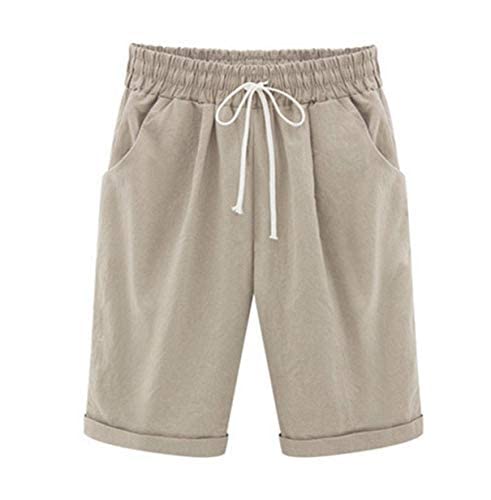 Elonglin Damen Bermuda Shorts Baumwolle Knielang Sommer Kurze Hose mit Tunnelzug Frauen Große Größen Locker Stretch Khaki DE L(Asie XXL) von Elonglin