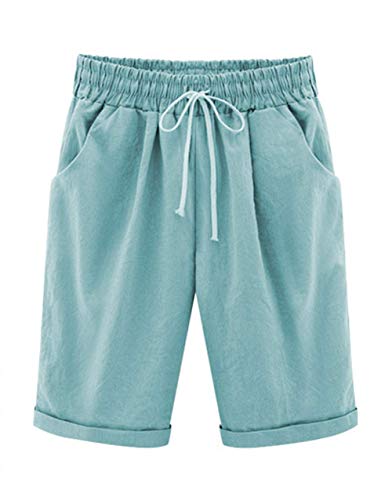 Elonglin Damen Bermuda Shorts Baumwolle Knielang Sommer Kurze Hose mit Tunnelzug Frauen Große Größen Locker Stretch See Blau DE M(Asie XL) von Elonglin