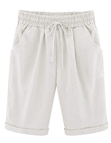 Elonglin Damen Bermuda Shorts Baumwolle Knielang Sommer Kurze Hose mit Tunnelzug Frauen Große Größen Locker Stretch Weiß DE 3XL(Asie 6XL) von Elonglin