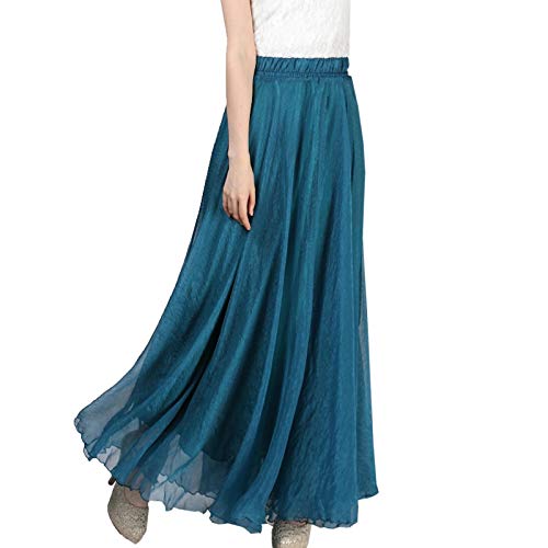 Elonglin Damen Chiffon Plissee Rock Maxi Boho Stil A-Linie Strandröcke Swing Sommerrock Grün Blau XL (Länge 100cm /Taille 58-94cm) von Elonglin